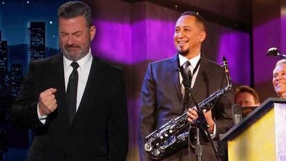 Jimmy Kimmel crying / Cleto Escobedo III holding a saxophone