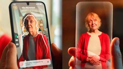 Phone recording a living person / AI replication of an older woman