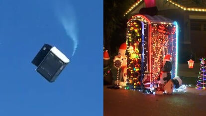 Porta-potty carried by the wind, Porta-potty decorated for the holidays