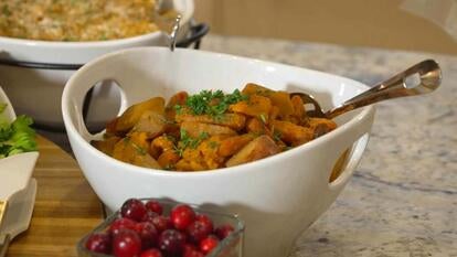 Bowl of Thanksgiving food on a table