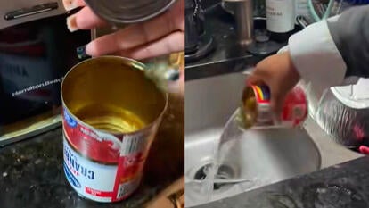 Social media video of people opening cans of cranberry sauce to find only water inside