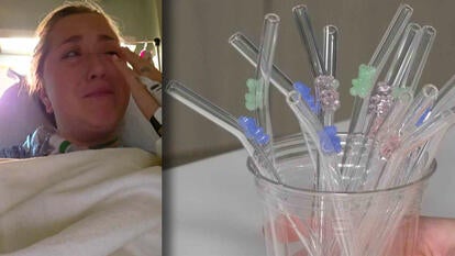 split image of woman in hospital bed, cup of glass straws
