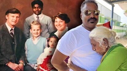 Taj Rowland in a family portrait with U.S. adoptive family / Taj Rowland hugging his biological mother in India