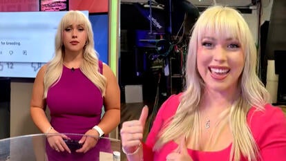 Split image of Carissa Codel in news studio/Carissa Codel laughing during interview with Inside Edition