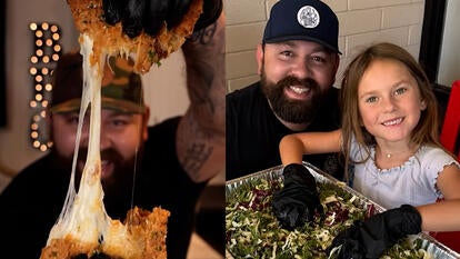 Food influencer doing cheese pull, Michael Duarte with daughter