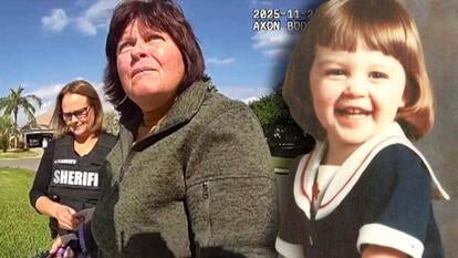 Bodycam of Debra Newton being confronted by police / Photo of missing child Michelle Newton in 1983