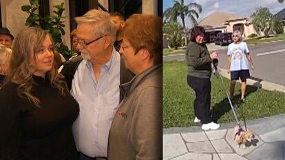 Michelle Newton with family members / Debra Newton holding a dog leash as police confront her