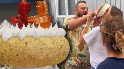 Close up of two gummy bears on top of a cake / Man smashing cake into a woman's face