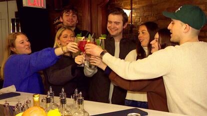 A group of you adults in a bar, raising a glass for a cheers