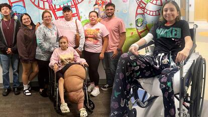 Jasmine Ramirez in a wheelchair pre-amputation surrounded by her family / Jasmine Ramirez in a wheelchair post-amputation