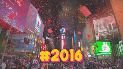 New Year's celebration in Times Square, social media hashtag "#2016" is written on screen