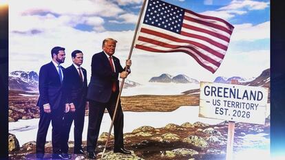 Picture depicting Donald Trump planting the American flag on Greenland as J.D. Vance and Marco Rubio look on. 