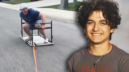 Young adult being pulled on an upside-down table by a rope / David Nagy 