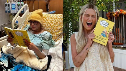 Mackenzie Paul reading from her book in hospital bed, posing outside with book