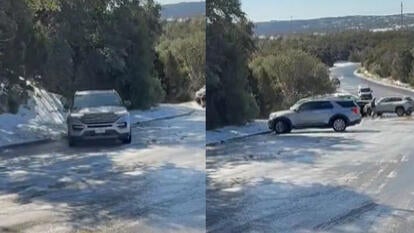 Video of car spinning on ice into a pile of cars