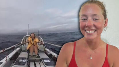 Taryn Smith rowing in the middle of the Atlantic Ocean / Taryn Smith smiling in an interview