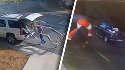Surveillance footage of a person trying to stuff a 10-ft skeleton into the back of an SUV / Surveillance footage of a person holding a partially deflated Santa lawn ornament to car
