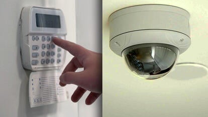 Hand typing in a code for a home security system / Camera hanging from the cieling 