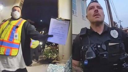Doorbell security camera footage of a man in a hi-vis vest holding a clipboard / Police bodycam footage of a man dressed as a police officer 