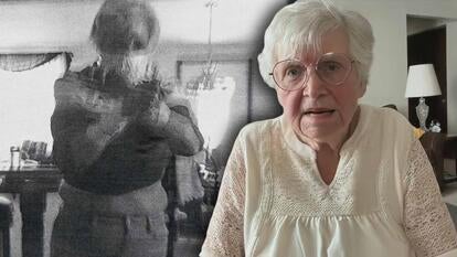 Grainy black and white image of Delia Rollek bound in duct tape / Delia Rollek in an interview