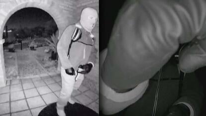 Surveillance footage of a masked individual at Nancy Guthrie's door / Gloved hand blocking view of security camera