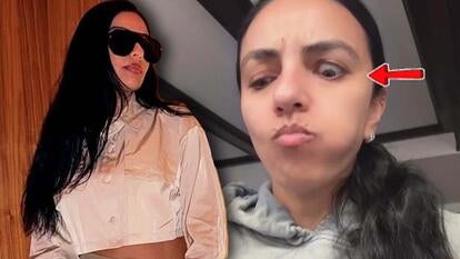 Marion Karawia posing for a photo wearing sunglasses / Screenshot of Marion Karawia's TikTok pointing out her eye moving on its own