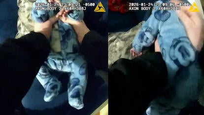 split image from officer bodycam of chest compressions/back pats on choking baby
