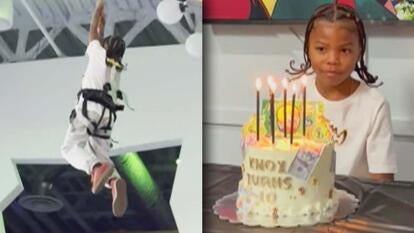 Knox on the zipline before the accident / Knox earlier that day celebrating his birthday with a large cake and candles