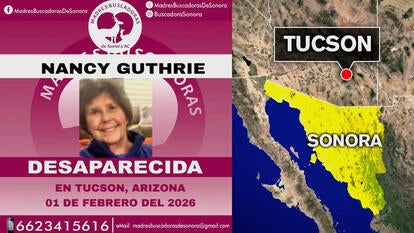 Missing persons poster in Spanish for Nancy Guthrie, map showing distance between Tucson, AZ and Sonora, Mexico