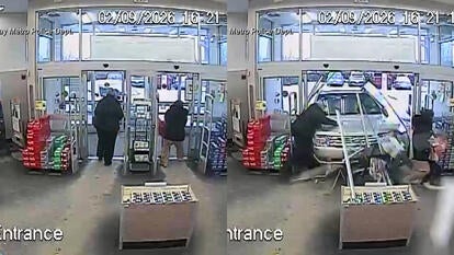 Before and after car crashed through store