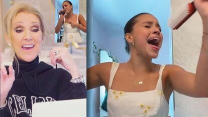 Celine Dion smiling / Juliette Ojeda singing into hairbrush 