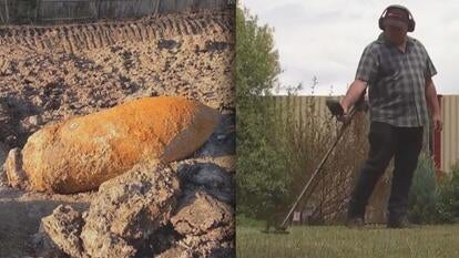Large metal object exposed from under dirt / Man with a metal detector searching a field