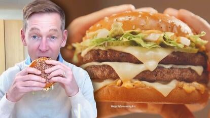 McDonald's CEO Chris Kempczinski taking a small bite of a Big Arch burger / Big Arch burger in a commercial