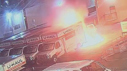 U-Haul truck surrounded by fire
