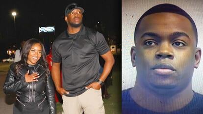 Texas Rep. Jasmine Crockett with her bodyguard, Mike King / Mugshot of Mike King whose real name is Diamon-Mazarre Robinson