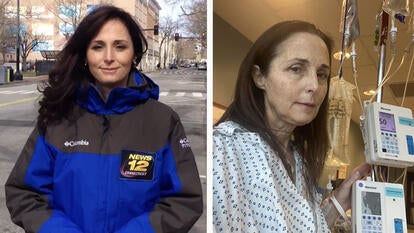 News reporter Amy McGorry in the field, in hospital