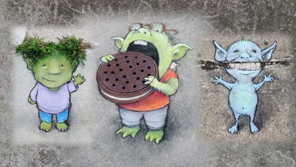 3D Chalk Art Created With Grass and Cracks in the Sidewalk