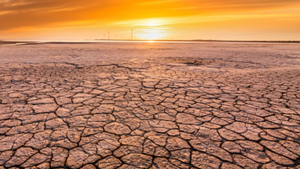Sunset over cracked soil in the desert. Global warming concept - stock photo