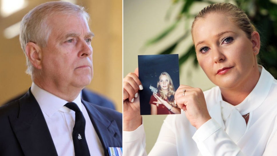Virginia Giuffre, right, holds up a photo of herself as a teen, when she alleges she was raped by Prince Andrew, left.