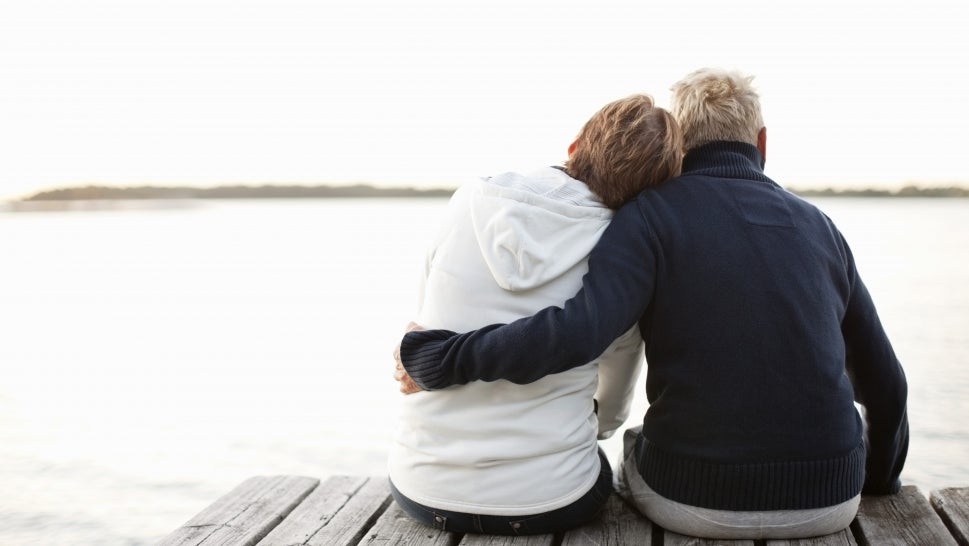 Rear view of mature couple sitting on pier looking at lake.