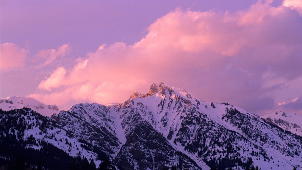 Snow-covered peaks at sunset, Grand Teton National Park, Behind Teton Village, Grand Teton National Park, Wyoming, U