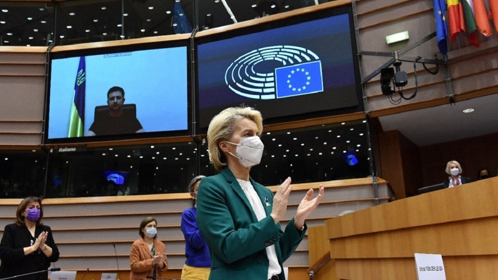 Ukraine president addressing the European Union's Parliament. 