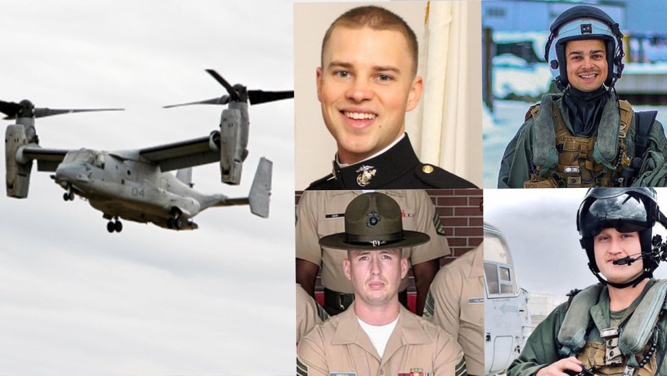 Image of 106 Mv-22 Osprey; (top left clockwise) Capt. Matthew Tomkiewicz, Capt. Ross Reynolds, Cpl. Jacob Moore, Gunnery Sgt. James Speedy, killed in crash.