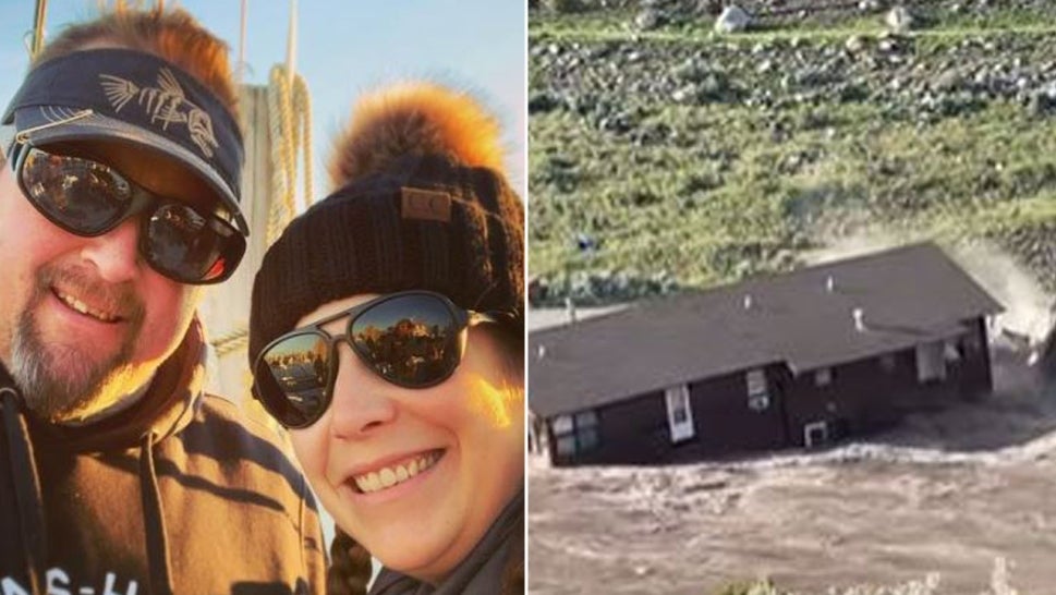 TJ and Victoria Britton escaped with some belongings and their pets before the historic flooding that has consumed parts of Yellowstone National Park swept their home away. 