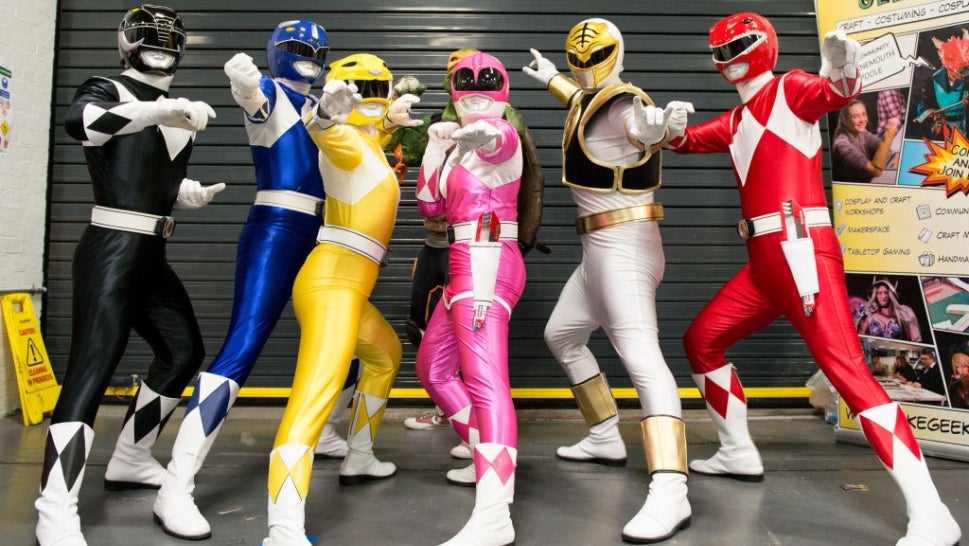 Group of Power Ranger costumes at Con in London