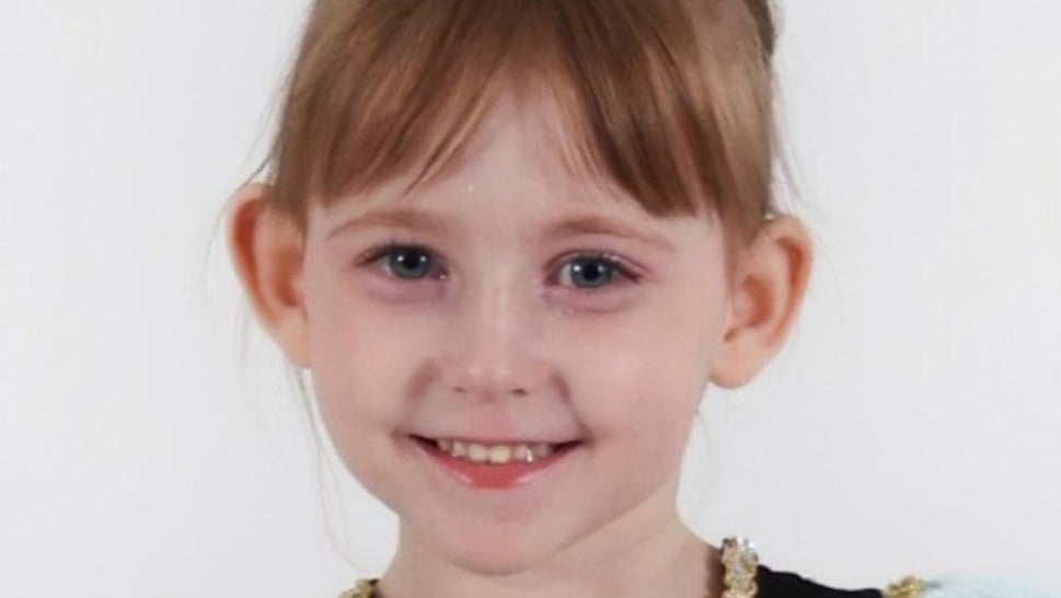 Anastasia Weaver, 6 years old, white, brown hair with bangs, smiling