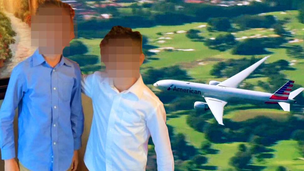 two young boys with blurred faces / aerial view of plane in flight