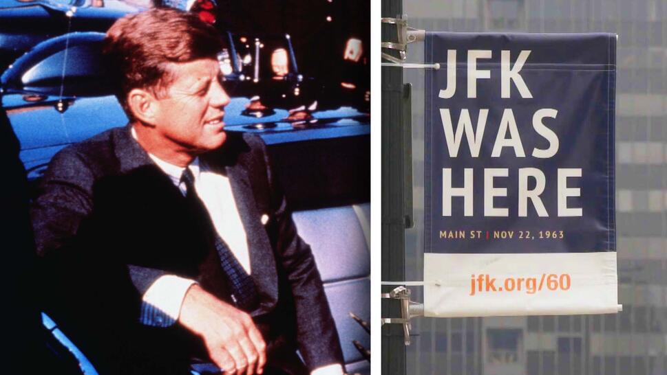 JFK in car / banner reading "JFK WAS HERE"
