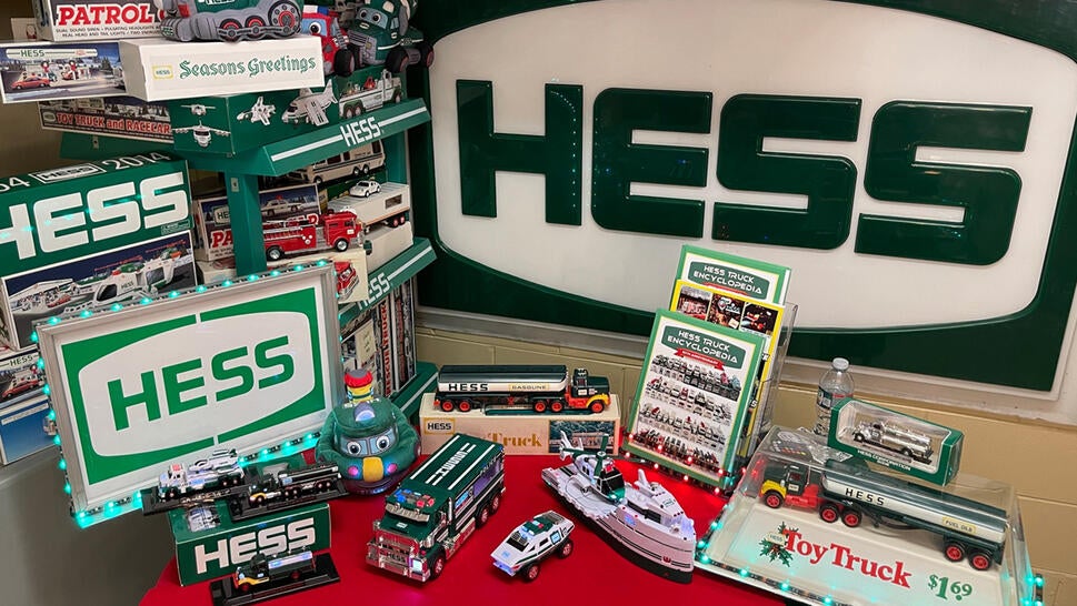 A collection of Hess trucks and paraphernalia from Mike Roberto.
