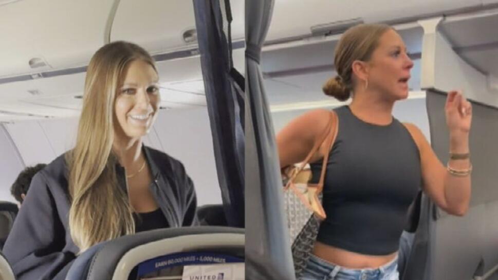 split image, on left: Tiffany Gomas on plane after viral meltdown, on right: Tiffany Gomas during viral meltdown